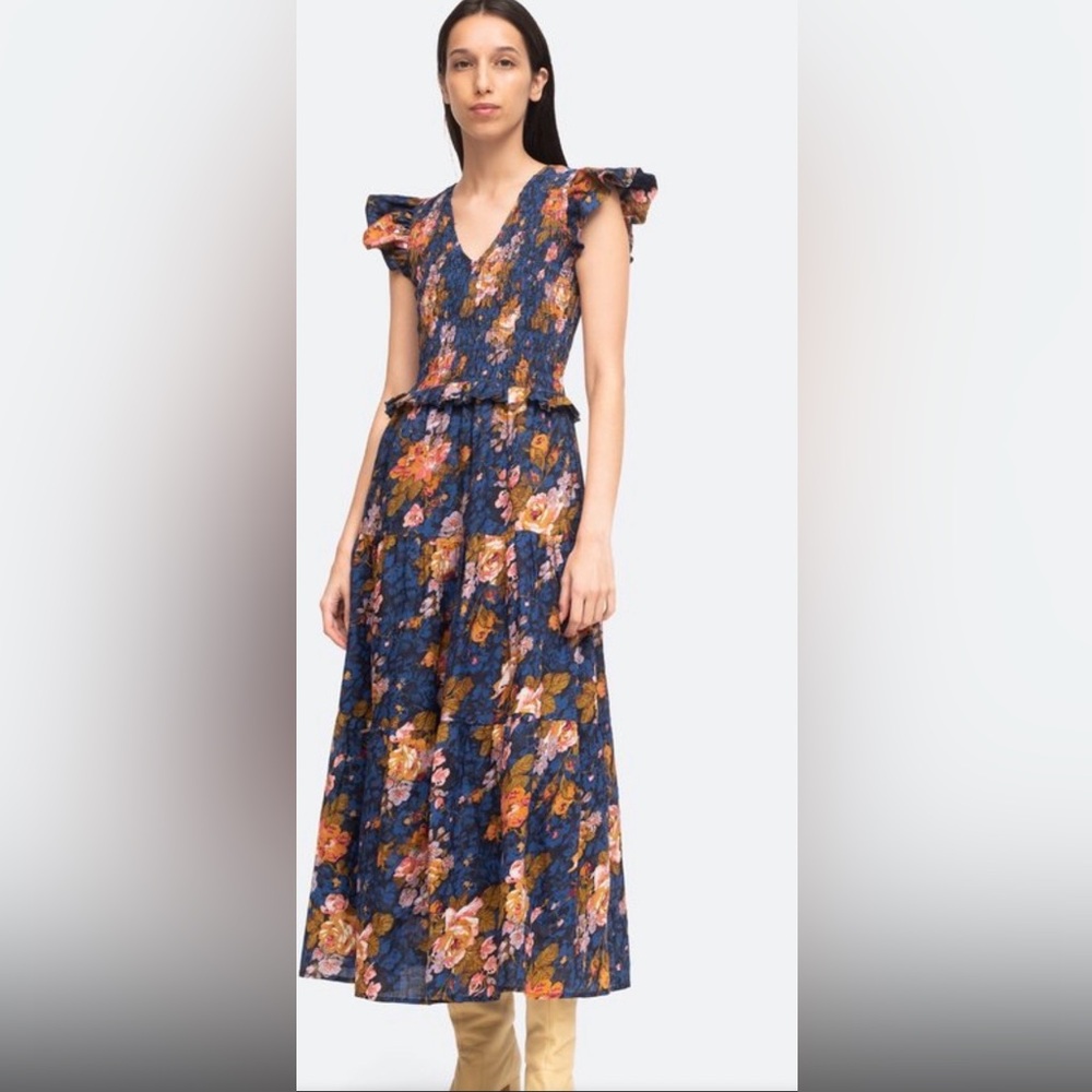 Sea New York Floral Ines Flutter Sleeve Smocked Ruffled Midi Dress size 4 EUC